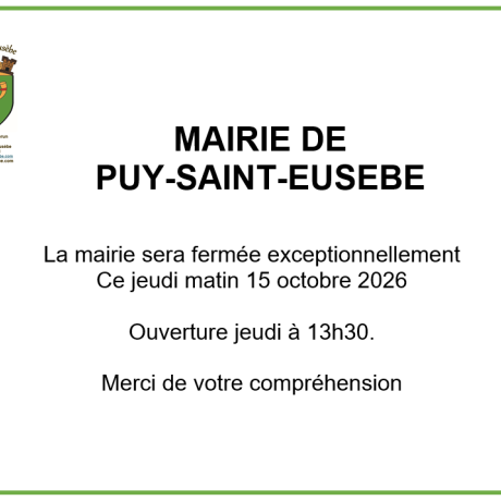 Fermeture jeudi matin 15 oct 2026.
