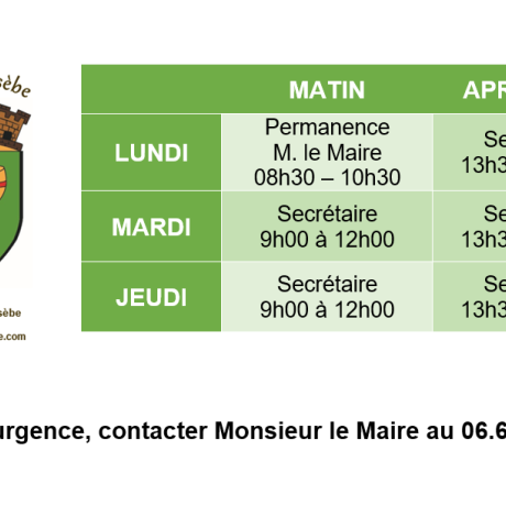 Horaires ouverture Mairie