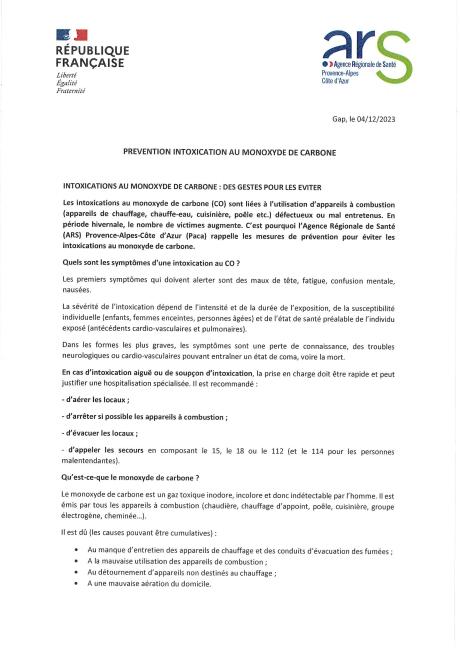 Prévention intoxication au monoxyde de carbone