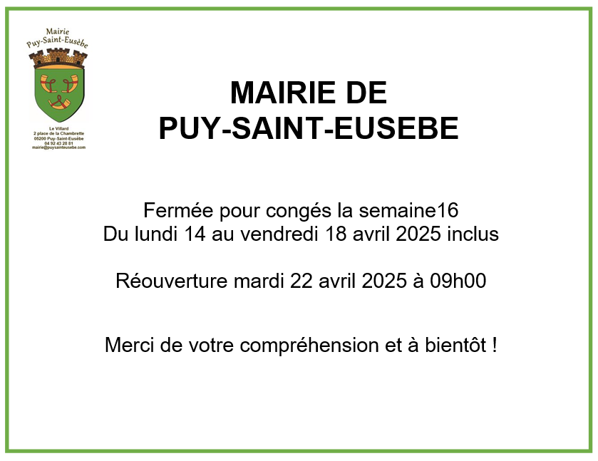 Fermeture du 14 au 21 avril 2025