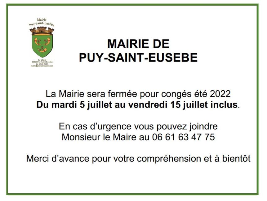Fermeture mairie été 2022
