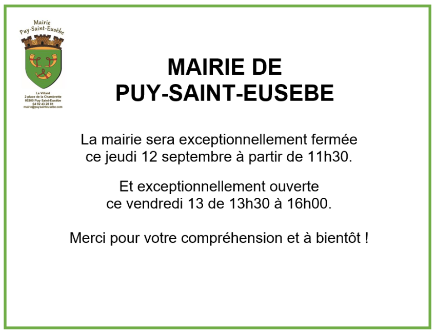 Fermeture exceptionnelle jeudi 12 septembre