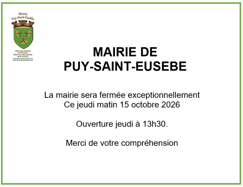 Fermeture jeudi matin 15 oct 2026.