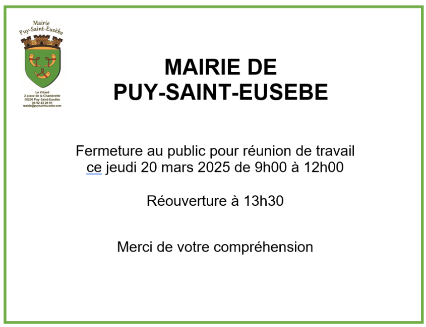 Fermeture mairie jeudi 20 mars 2025.