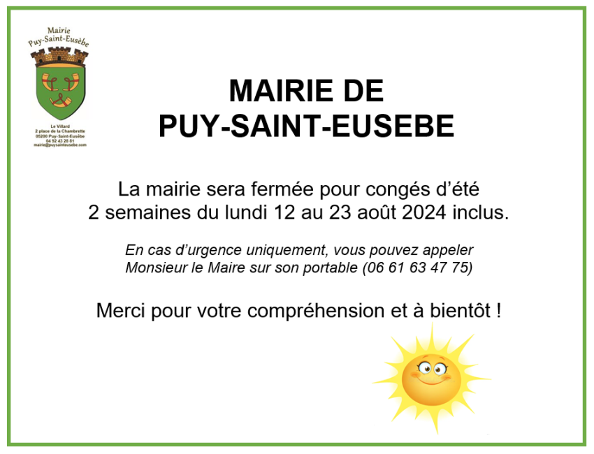 Fermeture mairie vacances août 2024