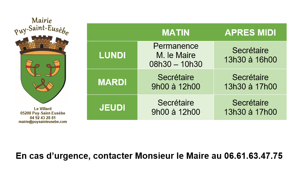 Horaires ouverture Mairie